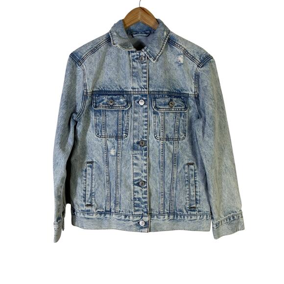 Abercrombie & Fitch Rigid Stone Wash Denim Jacket Womens M Light Wash Distressed - Picture 2 of 9